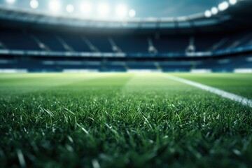 Fototapeta football stadium with lights - grass close up in sports arena - background - generative ai obraz