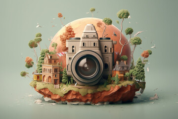 Photo camera 3d style illustration, World Photography Day concept AI-Generated 