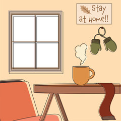 Colored hygge scenario with hot coffee on a table Vector