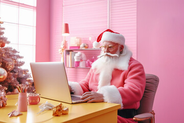 Santa Claus connecting with a laptop in pink pastel office room. Responding to wishes for kids worldwide. Trendy and pleasant work. Generative AI.