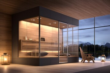 A stylish image featuring a beautifully designed sauna room with modern aesthetics, showcasing the integration of a sauna into a contemporary living or wellness space. Generative AI