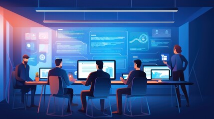 A scene showcasing a team of software developers coding, collaborating, and testing applications in a modern development environment