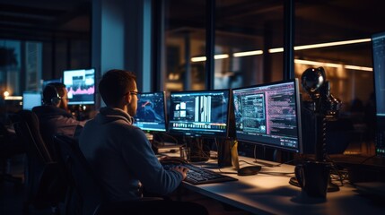 A scene showcasing a team of software developers coding, collaborating, and testing applications in a modern development environment