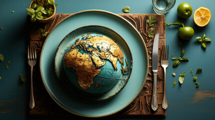 Globe on a plate with fork and knife on a light background, Wworld Food Day concept background wallpaper