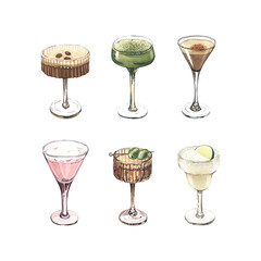 Watercolor cocktail glasses set: martini, gin, wine, margarita, goblet, liquor, rum. Hand-drawn illustration isolated on white background. Perfect for recipe lists with alcoholic drinks, for cafe
