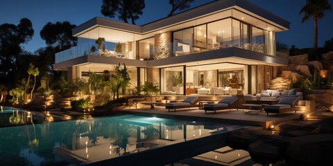 Fototapeta na wymiar Amazing contemporary villa with pool, generative ai