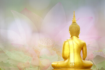 Golden Buddha Statue on Makha Asanaha Visakha Bucha Day: Serene Meditation amidst Shining Light and Bodhi Leaves