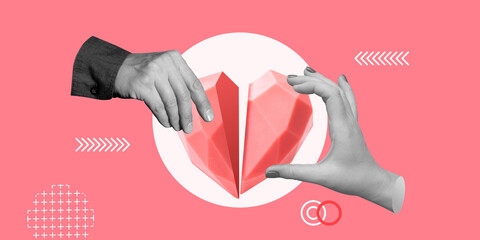 Relationships, Feelings, Psychology, Interaction. Hand of homan and hand of man connect halves of symbolic broken heart. Minimalist art collage.