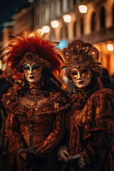 women with red and gold  costumes carnival masks in Venice