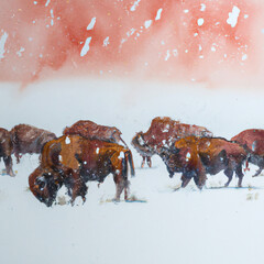 red buffalo herd in snowstorm.