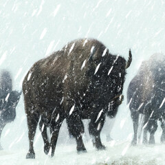 abstract  buffalo herd in snowstorm.