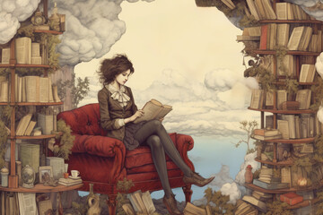 A woman reading a book in a whimsical library in the clouds