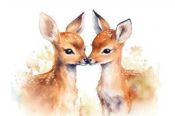 A close up of to fawn nose to nose isolated on a white background