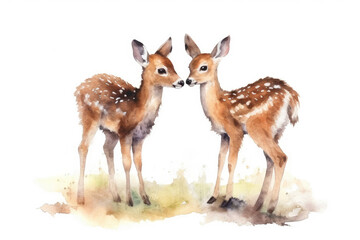 Two fawns standing face to face isolated on a white background