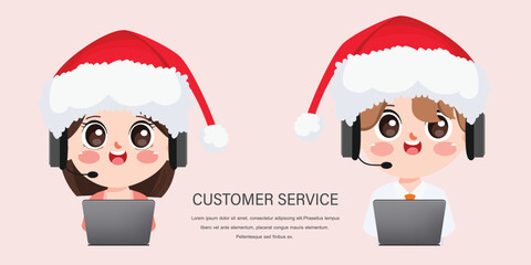 People working character in call center on Merry christmas holiday. Customer service occupation job. Cute cartoon vector design.