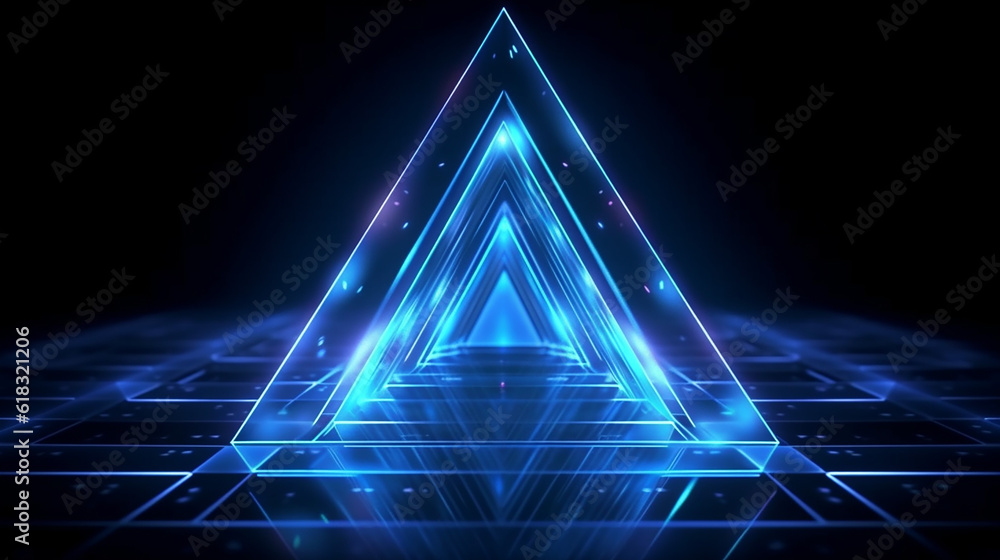 Poster innovation of triangle border frame with blue neon light effects overlapped geometry in concept. lig