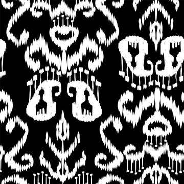 Seamless Ikat Pattern. Abstract black and white background for textile design, wallpaper, surface textures. ATLAS ADRAS ABAYAS