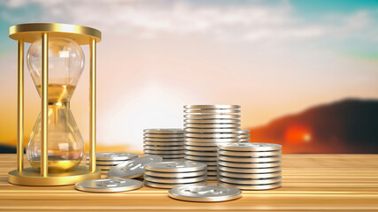 The sand clock and coins  for business concept 3d rendering