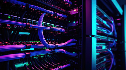 Fototapeta Close-up shot of networking cable management located in the server room obraz