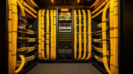 Close-up shot of networking cable management located in the server room - obrazy, fototapety, plakaty