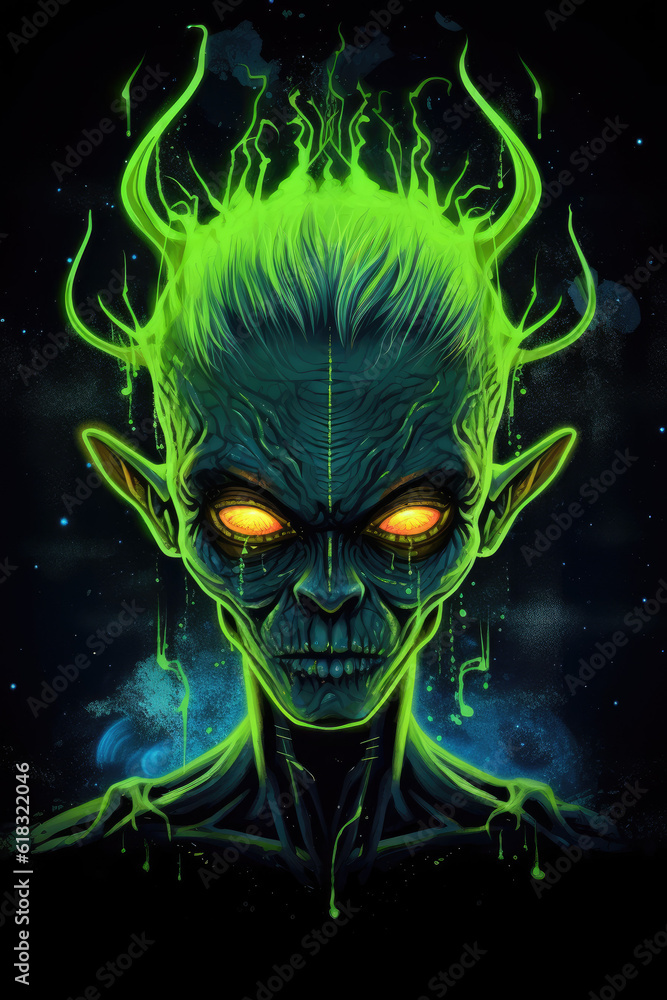 Wall mural green neon alien portrait - by generative ai