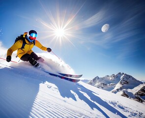 Skiing In Snow With Sunshine Background Generative AI