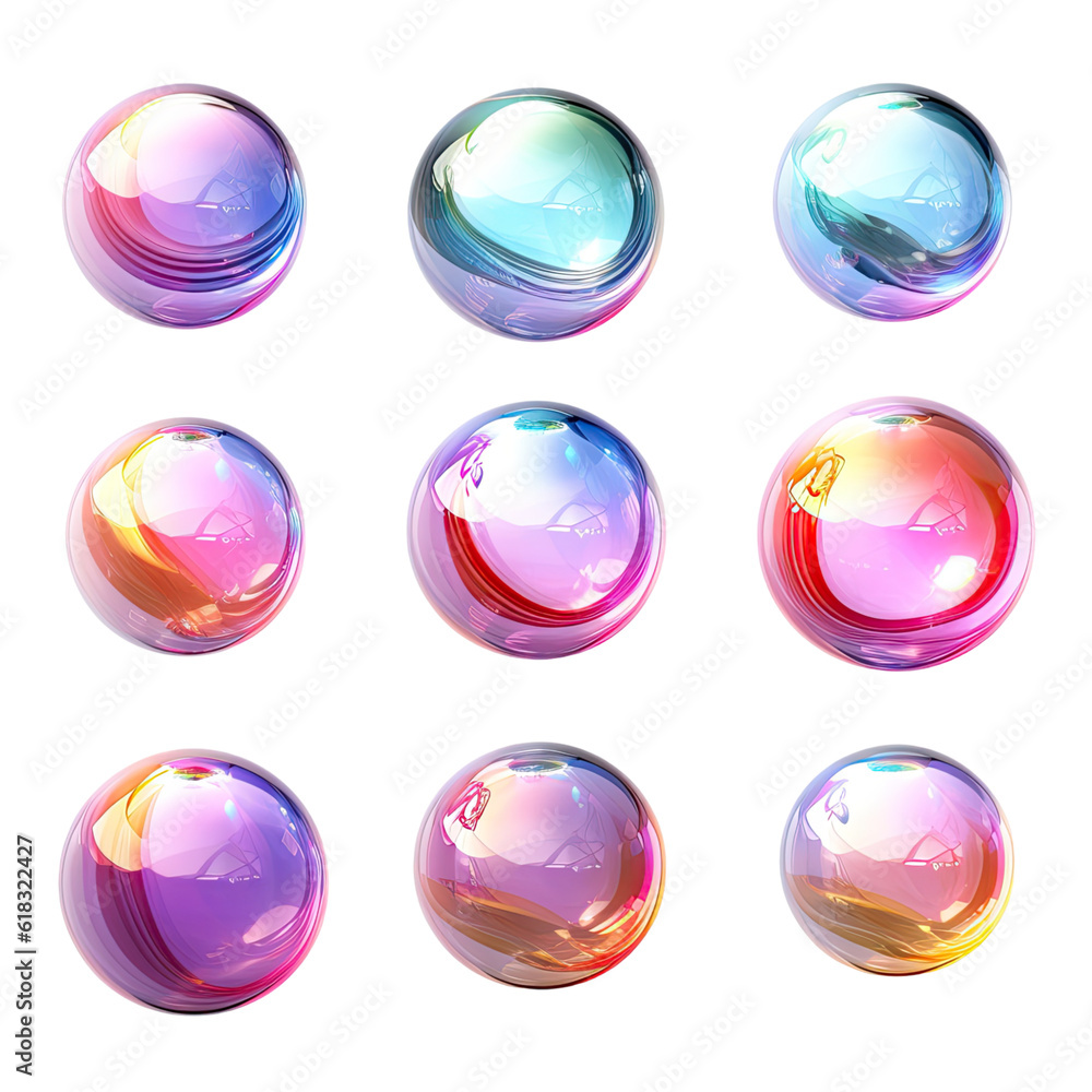 Wall mural a collection of levitating colorful iridescent orbs abstract shape, 3d render style, isolated on a t