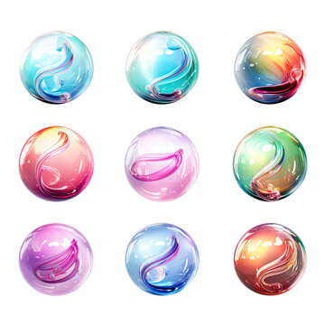 a collection of levitating iridescent orbs abstract shape, 3d render style, isolated on a transparent background, generative ai
