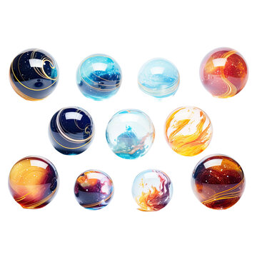 a collection of levitating translucent globes abstract shape, 3d render style, isolated on a transparent background, generative ai