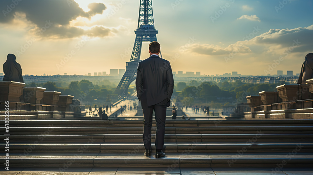 Poster a businessman stands in front of stairs in france in the background is the eiffel tower. back view. 
