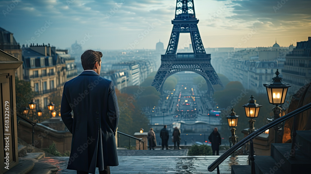 Poster a businessman stands in front of stairs in france in the background is the eiffel tower. back view. 