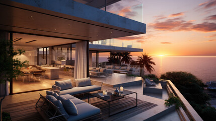 Fototapeta premium luxury villa with private pool by the sea at sunset. modern architecture. Generative AI