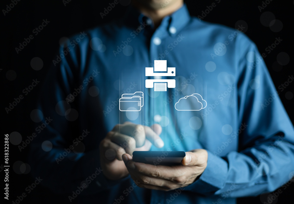 Poster cloud printing concept. man use smartphone to wireless printer. cloud print concept