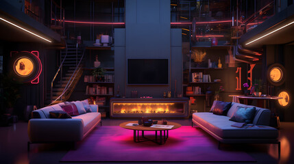 Cyberpunk Elegance: A Cozy and Gorgeous Minimalist Living Room with Fireplace, AI Generative