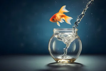 Fotobehang Single goldfish jumping out of a round glass bowl aquarium. Generative AI © Kenishirotie