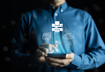 Cloud printing concept. Man use smartphone to wireless printer. Cloud print concept