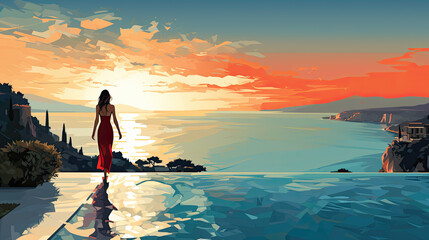 Fototapeta premium creative illustration of a young pretty woman in a bikini standing by a pool and watching the sunset. summer vacation on the beach concept. Generative AI