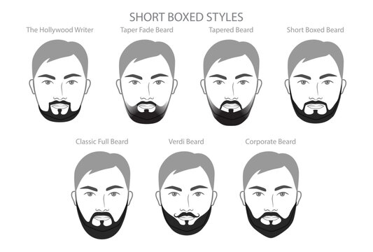 Set of Short Boxed Beard and mustache, name text style men face illustration Facial hair. Vector black grey portrait male Fashion template flat barber collection. Stylish hairstyle isolated outline
