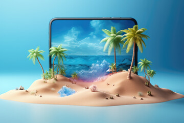 Fototapeta na wymiar Creative 3D summer beach scene with smartphone, miniature table top scene of summer vacation, 3D rendering