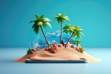Creative 3D summer beach scene with smartphone, miniature table top scene of summer vacation, 3D rendering