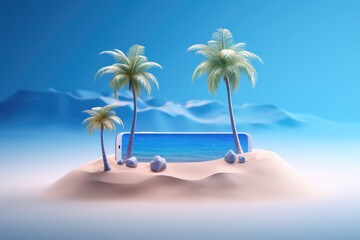 Fototapeta na wymiar Creative 3D summer beach scene with smartphone, miniature table top scene of summer vacation, 3D rendering