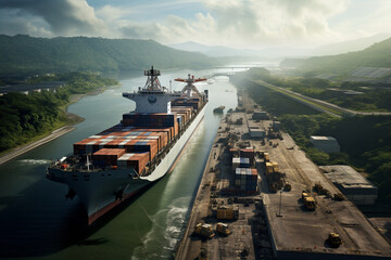 Illustration of a container ship in the Panama Canal. Generative AI.  - obrazy, fototapety, plakaty
