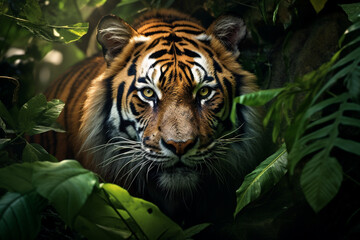 Fototapeta na wymiar Illustration of a bengal tiger in the jungles. Generative AI.