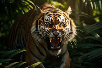 Fototapeta na wymiar Illustration of a bengal tiger in the jungles. Generative AI.