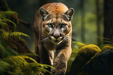 Illustration of a mountain lion or cougar in the forest. Generative AI.