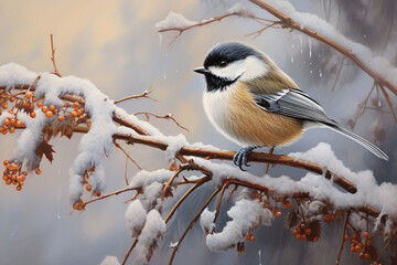 Illustration of a black capped chickadee in winter. Generative AI. 