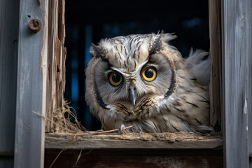 Illustration of an owl in a barn window. Generative AI. 