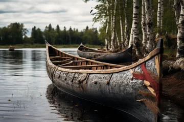 Foto op Canvas Illustration of a birch bark canoe along a river. Generative AI. © Jeff Whyte