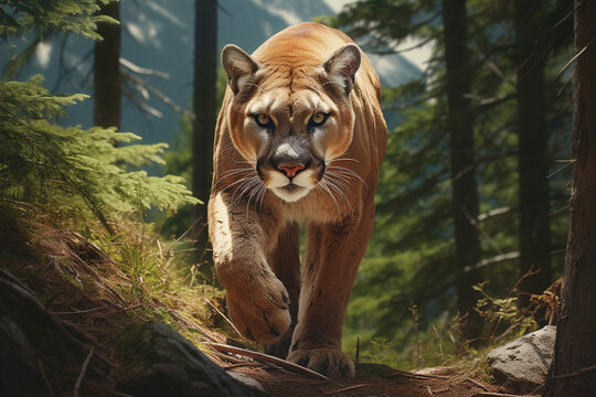 Illustration of a mountain lion or cougar in the forest. Generative AI. - Powered by Adobe