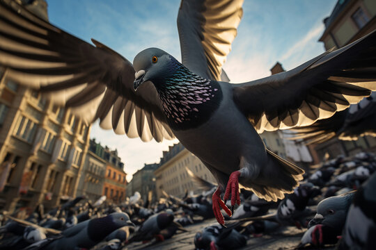 Illustration of pidgins in a town square. Generative AI. 